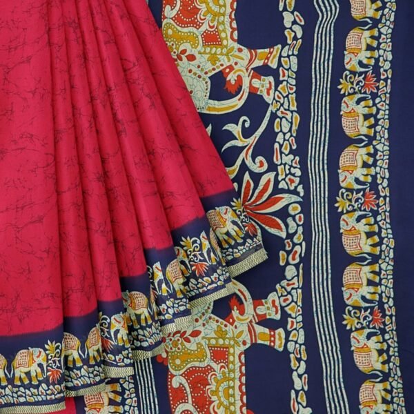 Soft Georgette Elephant Printed Border Bright Pink And Dark Navy Blue Saree - Image 2