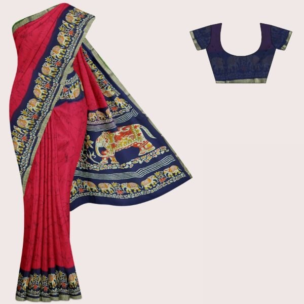 Soft Georgette Elephant Printed Border Bright Pink And Dark Navy Blue Saree