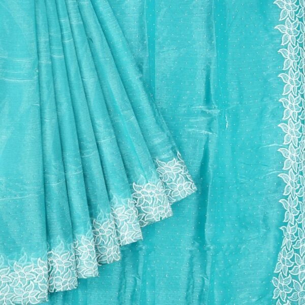 Soft Glass Tissue Flower Border Sea Green Saree - Image 2