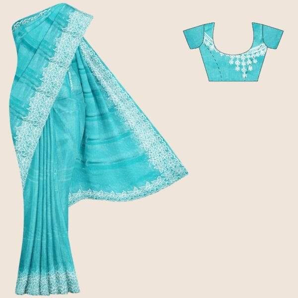 Soft Glass Tissue Flower Border Sea Green Saree