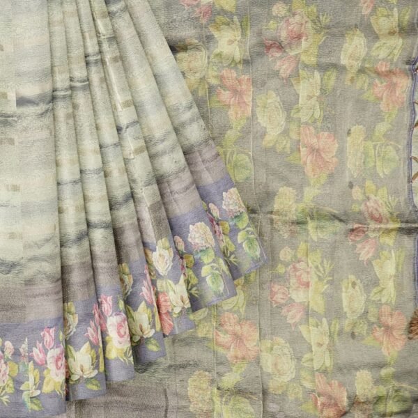 Soft Tissue Silk Digital Print Border Light Brinjal Saree - Image 2