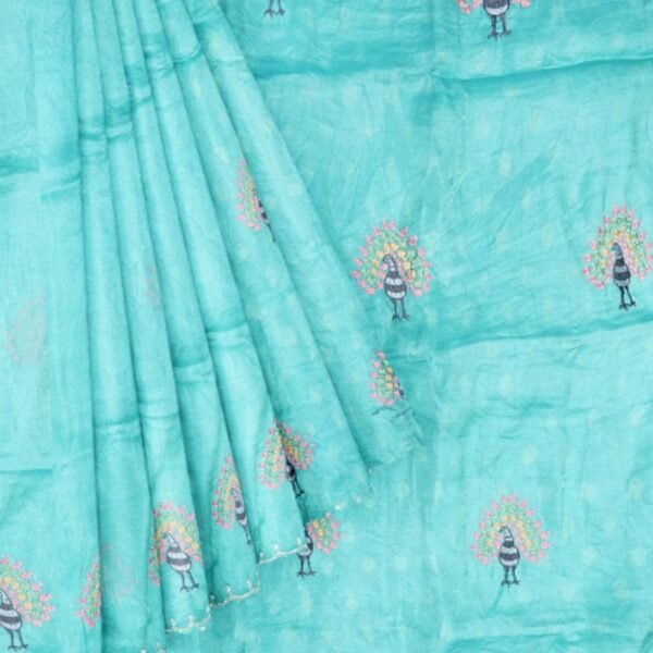 Soft Tissue Silk Embroidary Work Peacock Design Sea Green Saree - Image 2