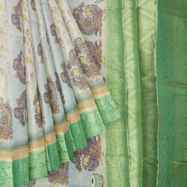Soft Tissue Silk Kalamkari Floral Print Pink And Green Saree - Image 2