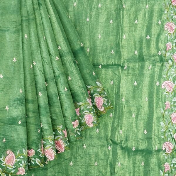 Soft Tussar Tissue Silk Embroidery Work Green Saee - Image 2