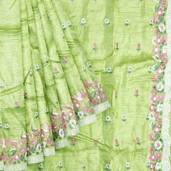 Space Silk Embroidary Work Flower Bunches Light Green Saree - Image 2