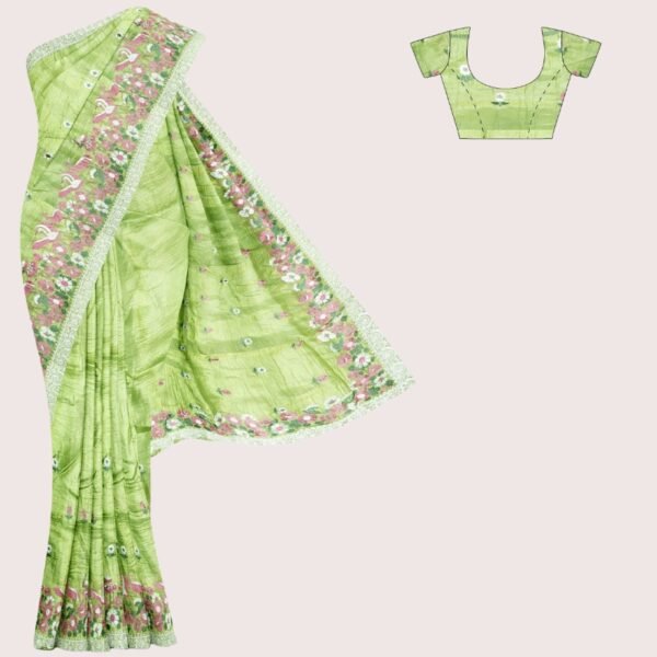 Space Silk Embroidary Work Flower Bunches Light Green Saree