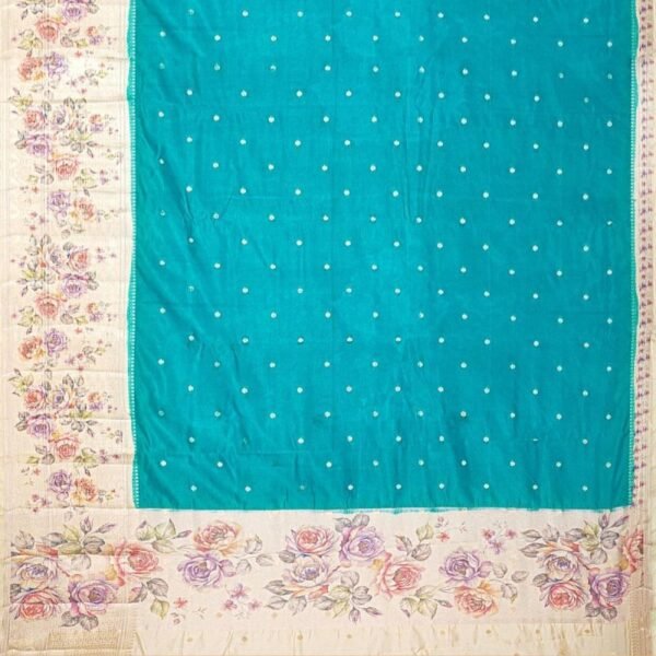 TEAL and CREAM BUTTIS KATHAN SILK Saree with BANARASI FANCY - Image 3