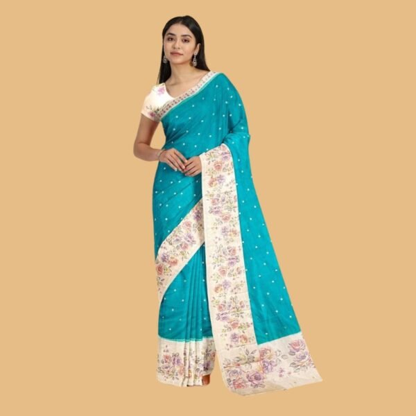 TEAL and CREAM BUTTIS KATHAN SILK Saree with BANARASI FANCY