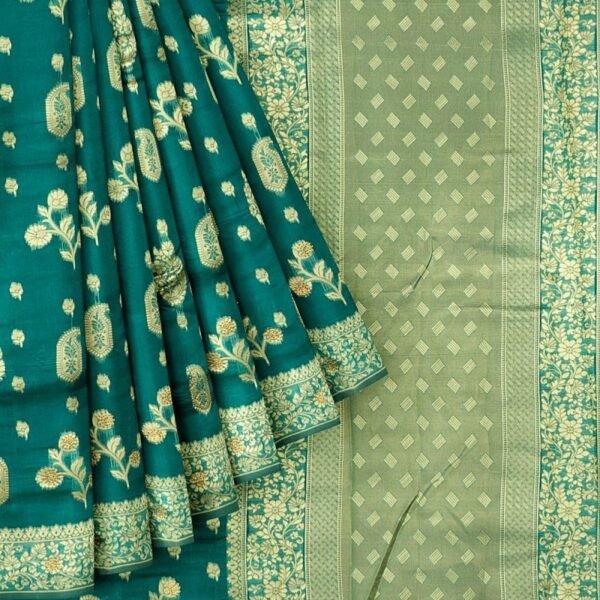 TEAL and GOLD BUTTIS KORA Saree with BANARASI FANCY - Image 2