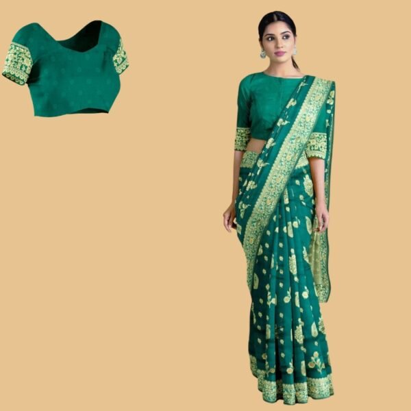 TEAL and GOLD BUTTIS KORA Saree with BANARASI FANCY