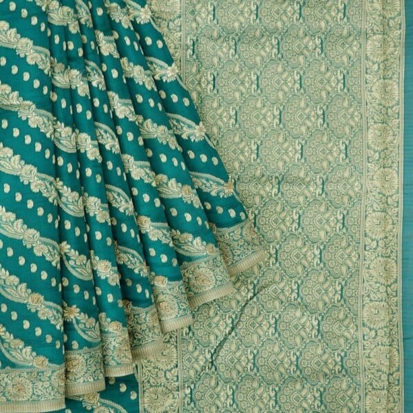 TEAL and GOLD FLORAL JAAL KORA Saree with BANARASI FANCY - Image 2