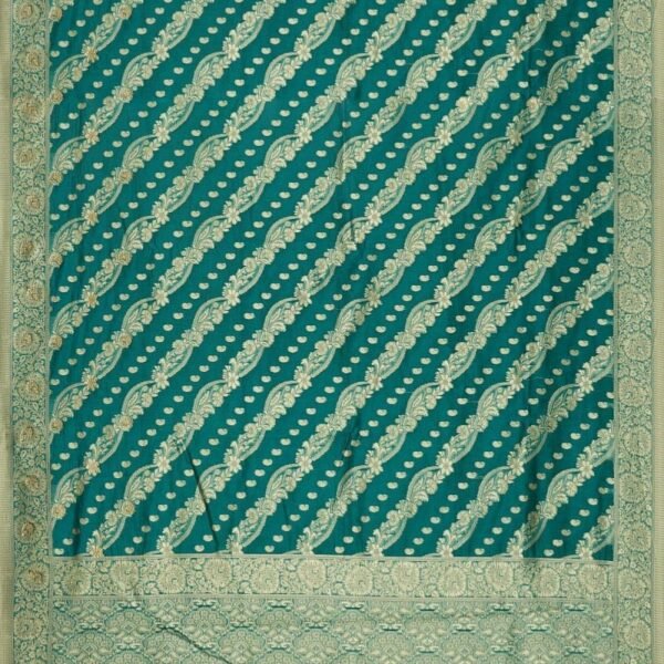 TEAL and GOLD FLORAL JAAL KORA Saree with BANARASI FANCY - Image 3