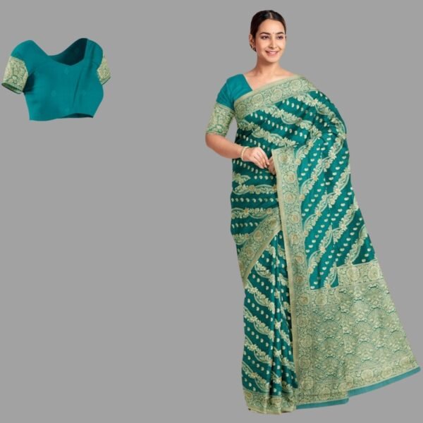TEAL and GOLD FLORAL JAAL KORA Saree with BANARASI FANCY