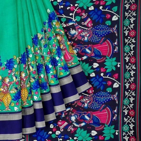 TEAL and NAVY BLUE KALAMKARI PRINT SILK Saree with FANCY - Image 2