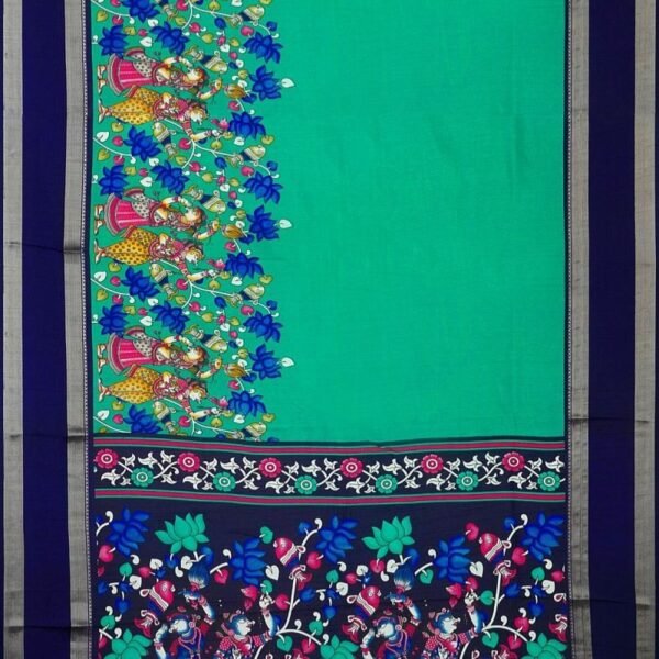 TEAL and NAVY BLUE KALAMKARI PRINT SILK Saree with FANCY - Image 3