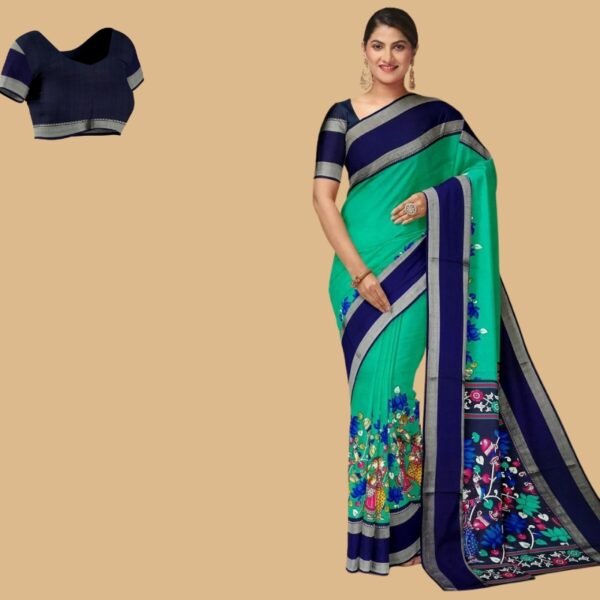 TEAL and NAVY BLUE KALAMKARI PRINT SILK Saree with FANCY