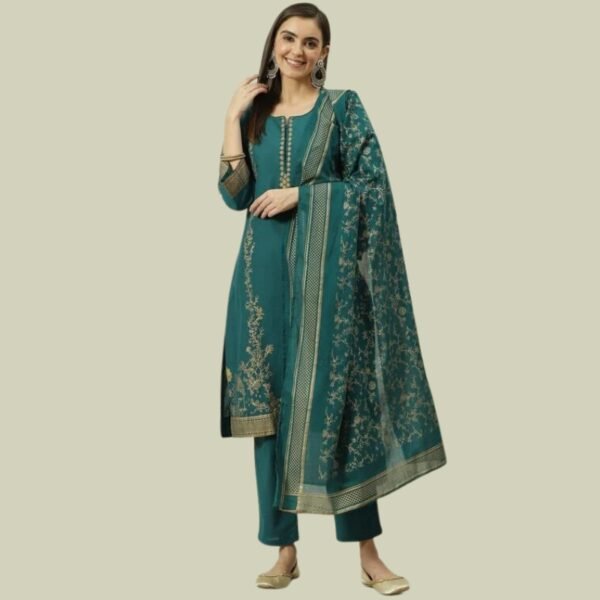 Teal Green Printed Cotton Straight Suit Set
