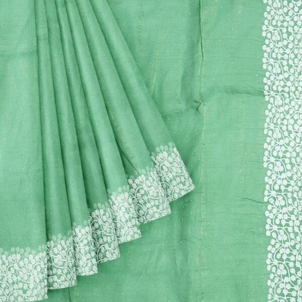 Tissue Silk And Chiffon Mix Embroidery Work Green Saree - Image 2