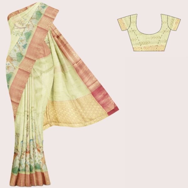 Tissue Silk Cow And Deer Digital Print Light Leaf Green And Pink Saree