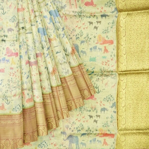 Tissue Silk Jangle Theme And Digital Print Golden Yellow And Chocolate Saree - Image 2