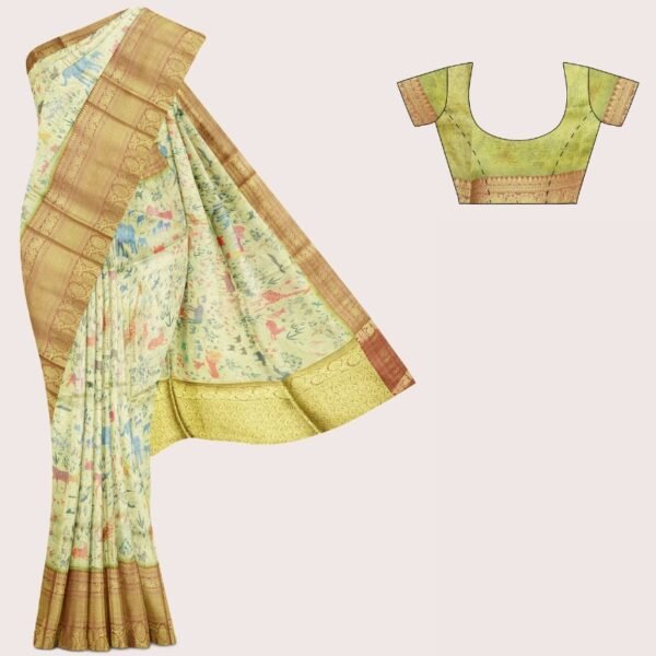 Tissue Silk Jangle Theme And Digital Print Golden Yellow And Chocolate Saree