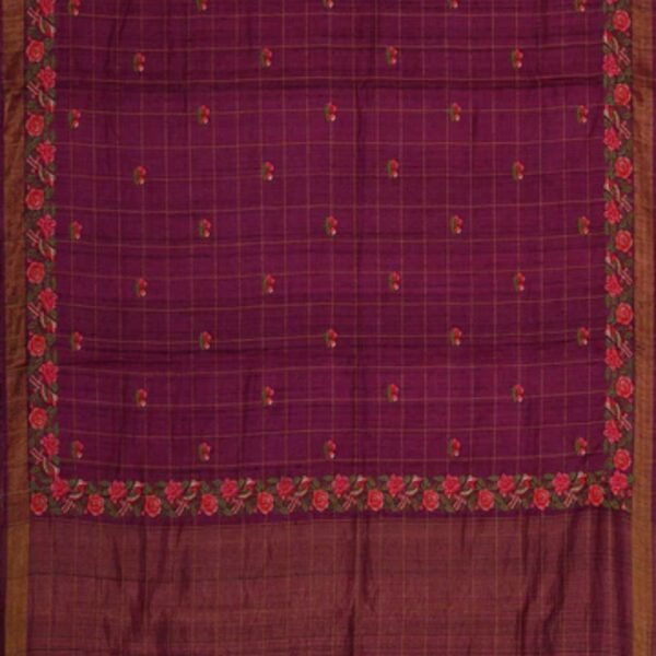 Tussar Silk Deep Wine Embroidered Saree - Image 3