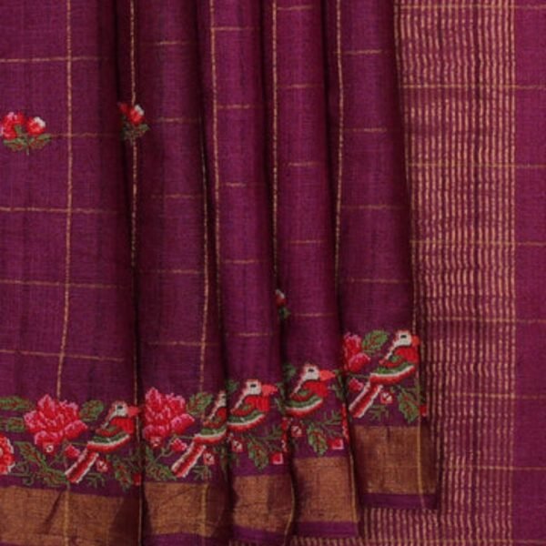 Tussar Silk Deep Wine Embroidered Saree