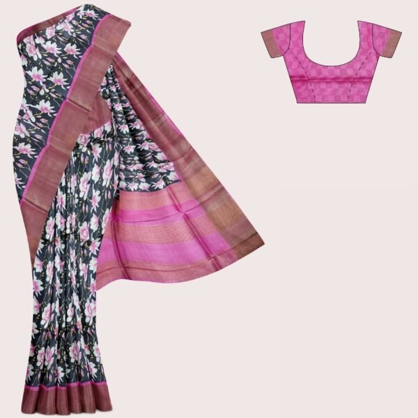 Tussar Silk Floral Digital Print Black And Pink Saree