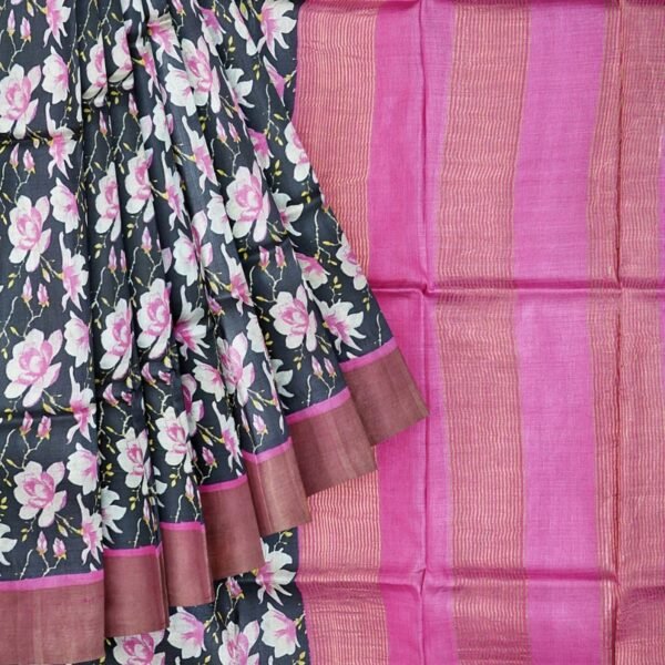Tussar Silk Floral Digital Print Black And Pink Saree - Image 3