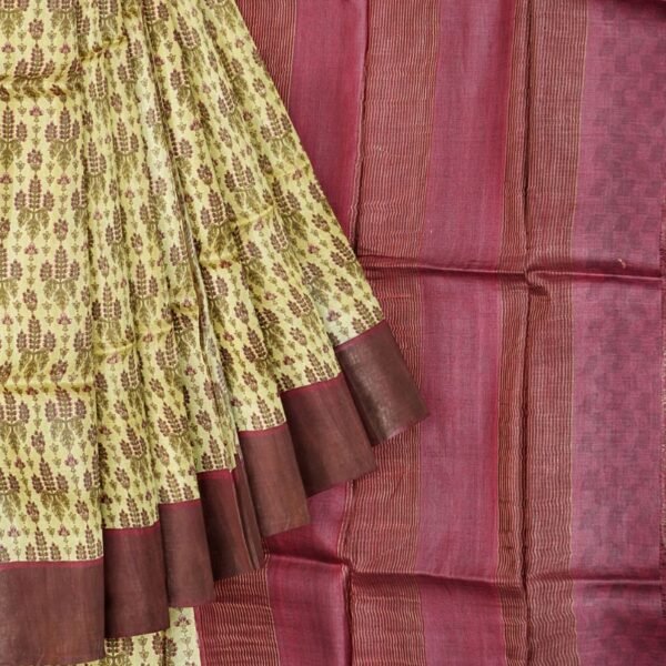 Tussar Silk Floral Kalamkari Design Yellow And Pink Saree - Image 2