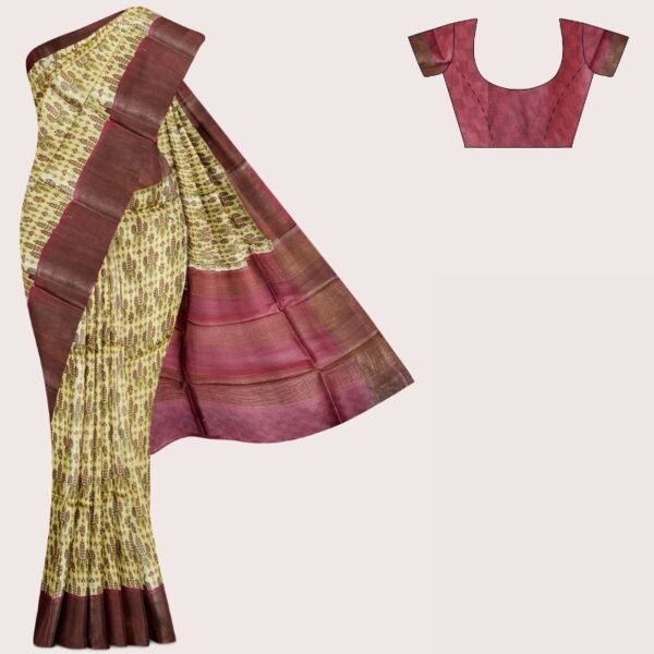 Tussar Silk Floral Kalamkari Design Yellow And Pink Saree