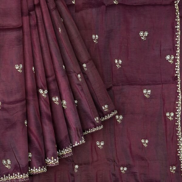Tussar Silk Flower Bunch Wine And Yellow Saree - Image 2