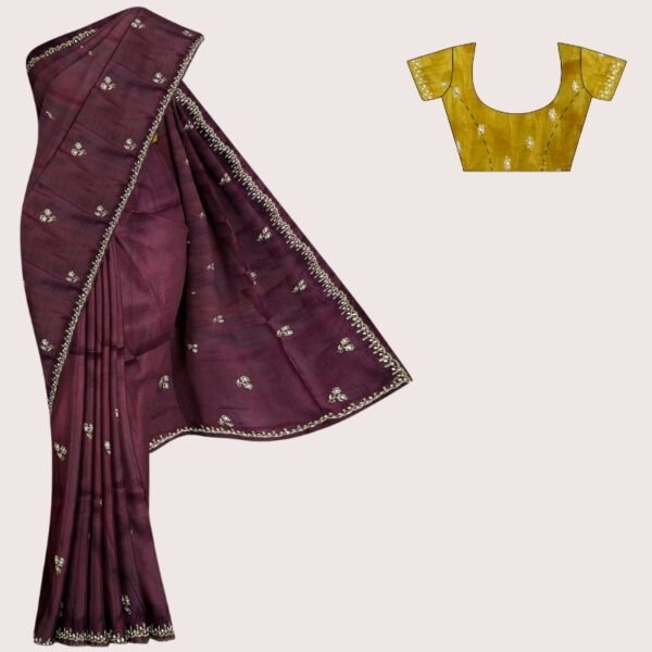 Tussar Silk Flower Bunch Wine And Yellow Saree