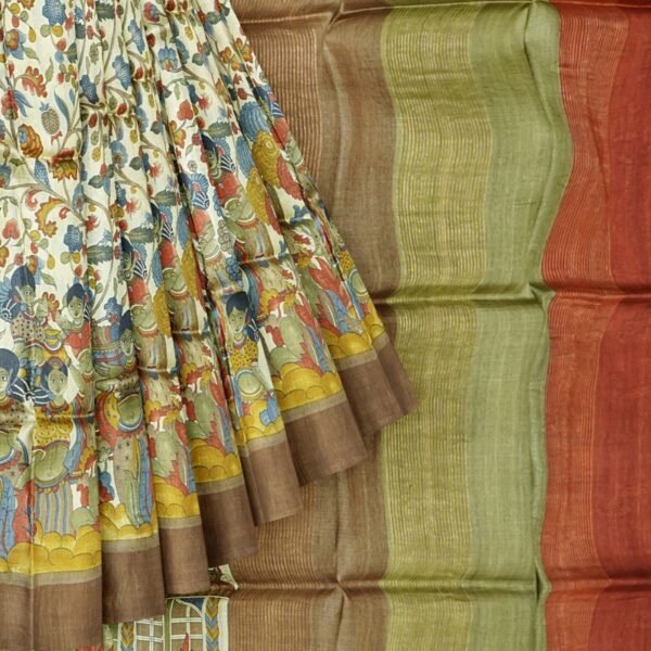 Tussar Silk Pen Kalamkari Pattern Crime And Brown Saree - Image 2