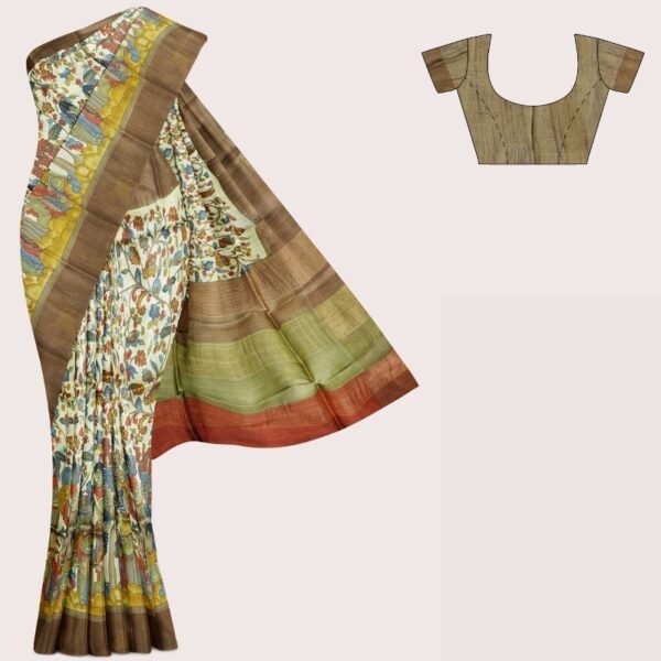 Tussar Silk Pen Kalamkari Pattern Crime And Brown Saree