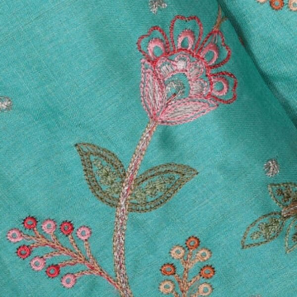 Tussar Silk Turquoise Blue Embroidered Saree - Image 2