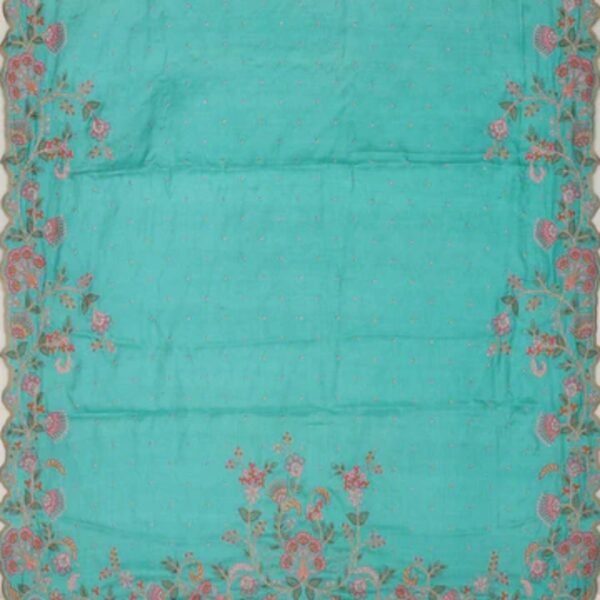 Tussar Silk Turquoise Blue Embroidered Saree - Image 3
