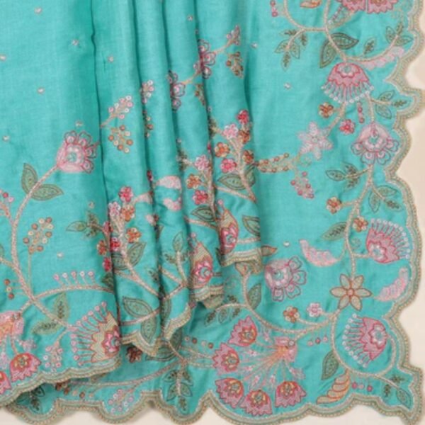 Tussar Silk Turquoise Blue Embroidered Saree