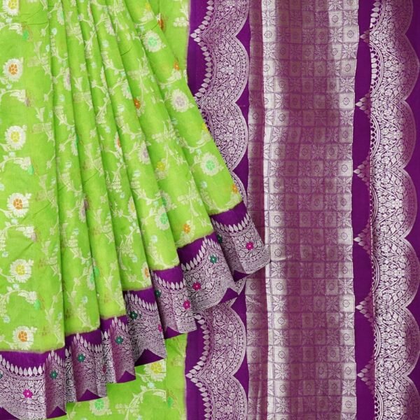 Chiniya Silk Meena Work Parrot Green And Wine Saree - Image 2