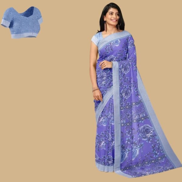 VIOLET and SILVER FLORALS LINEN Saree with FANCY