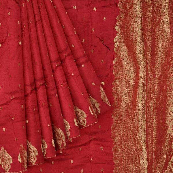 Viscose Georgette Peacock Weaving Butta Dark Maroon And Green Saree - Image 2