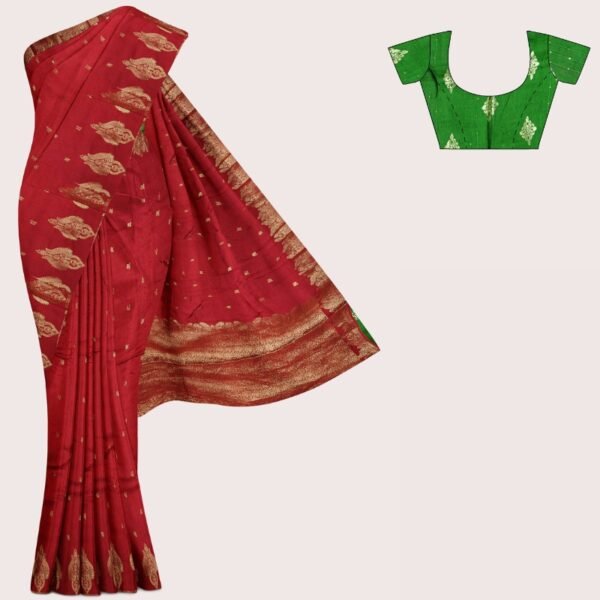 Viscose Georgette Peacock Weaving Butta Dark Maroon And Green Saree