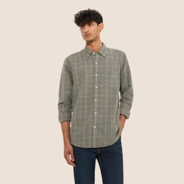 WES Casuals Olive Checkered Relaxed-Fit Cotton Shirt - Image 2
