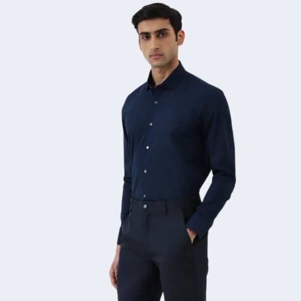 WES Formals Navy Solid Ultra Slim-Fit Cotton Blend Shirt - Image 2