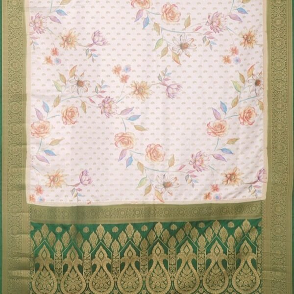 WHITE and DARK GREEN FLORALS SATIN SILK Saree with BANARASI FANCY - Image 3