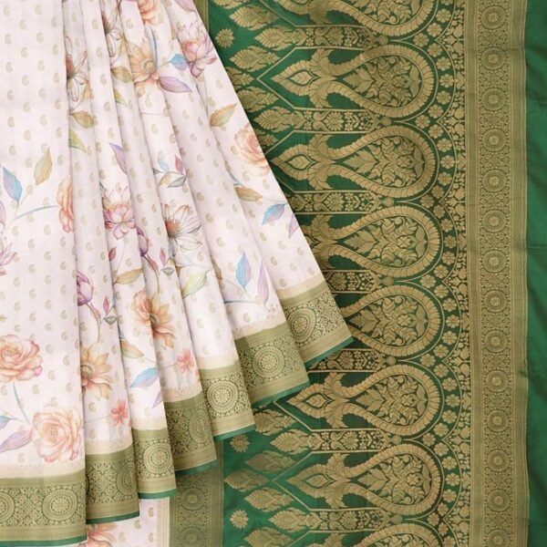 WHITE and DARK GREEN FLORALS SATIN SILK Saree with BANARASI FANCY - Image 2