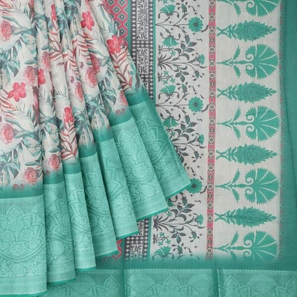 WHITE and GREEN FLORALS LINEN Saree with FANCY - Image 2