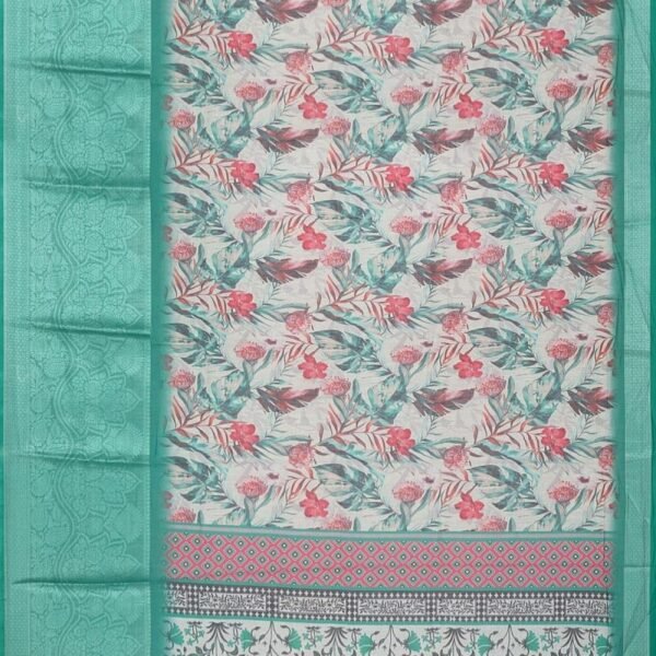 WHITE and GREEN FLORALS LINEN Saree with FANCY - Image 3