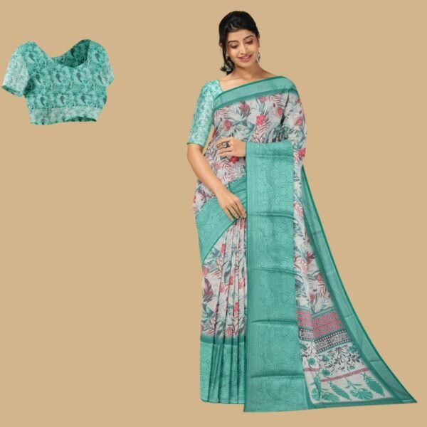 WHITE and GREEN FLORALS LINEN Saree with FANCY