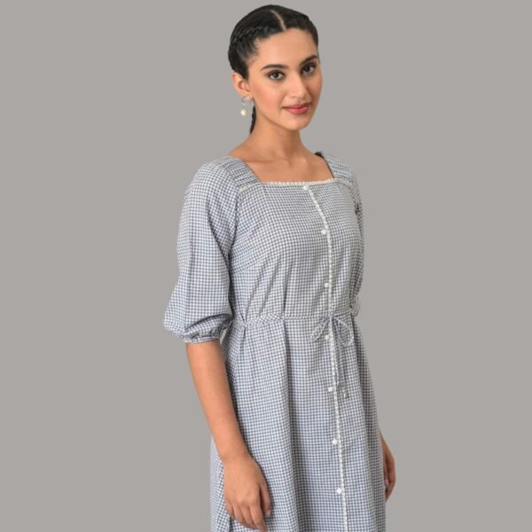 White And Black Check Cotton Dress - Image 3